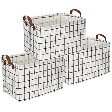 Imagem de CLOCOR Cesta de armazenamento retangular, cesto de armazenamento dobrável com estampa fofa, caixa de armazenamento com revestimento impermeável com alças para organização doméstica, organizador de brinquedos, cesta de prateleira (3, 3 unidades de cheques brancos)