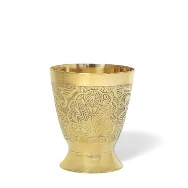 Imagem de HANDTECHINDIA Copo de vidro de latão puro com design bonito, para beber água e servir, copo de ioga e Ayurveda para servir água, utensílios de bebida, uso diário, copo de água (Etching)