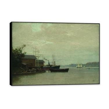 Imagem de Moldura preta. Impressões de Lev Lagorio. Pintura de arte de parede de paisagem marítima. Pôster de reproduções de impressões em tela de paisagem para decoração de casa. (Manhã no rio). 30 x 42