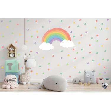 Imagem de Adesivo De Parede Arco-íris Aquarela Nuvens E Estrelas