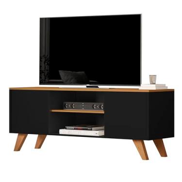 Imagem de Rack Para Sala de Estar com Prateleiras e 2 Portas em Madeira Resistente (PRETO/CEDRO)