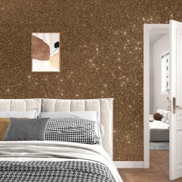 Imagem de Papel de parede com glitter dourado marrom com glitter autoadesivo para paredes de quarto 11,8 x 78,20 cm papel de contato brilhante marrom dourado brilhante para armários e decoração de quarto