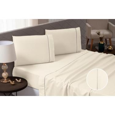 Imagem de Jogo de Lençol Casal 4 Peças 300 Fios 100% Algodão Penteado Toque Macio com Elástico e Fronhas Premium (Palha)