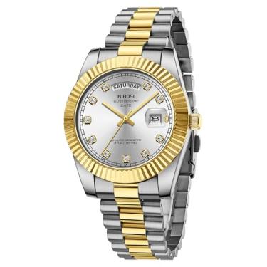 Imagem de NIBOSI Relógio masculino analógico, quartzo, aço inoxidável, ouro rosa, prata, à prova d'água, negócios, design clássico, com data, B01 - prata dourada