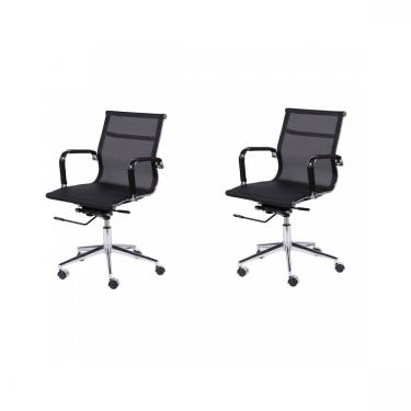 Imagem de Kit 2 Cadeiras Office Eames Tela Baixa Giratória Or Design Preto/cromado
