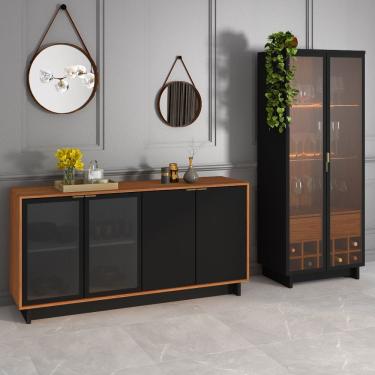 Imagem de Conjunto Decorativo Cristaleira Com Led E Buffet Aparador 160cm Tenerife/gunga Preto Fosco/noce