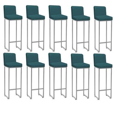 Imagem de Kit 10 Banqueta Alta Com Encosto Lucca Industrial Ferro Prata Suede Azul Turquesa - Amey Decor