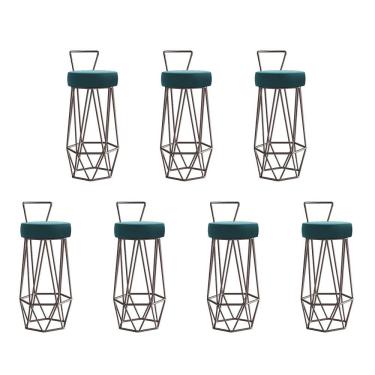 Imagem de Kit 07 Banqueta Com Encosto Botty Hexágono Cozinha Bar Ferro Marrom Suede Azul Turquesa - Amey Decor