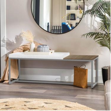 Imagem de Banco Recamier Puff 160cm Industrial Cinza Sintético Branco Tampo Quadrado Mdf Carvalho