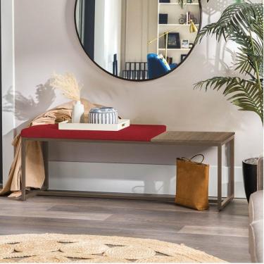 Imagem de Banco Recamier Puff 160cm Industrial Marrom Sintético Vermelho Tampo Quadrado Mdf Nogal