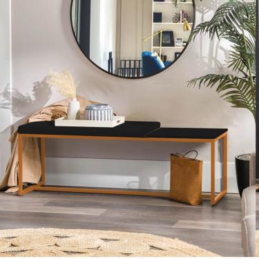 Imagem de Banco Recamier Puff 195cm Industrial Bronze Corino Preto Tampo Quadrado Mdf Preto