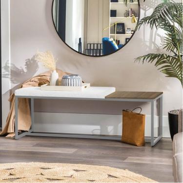 Imagem de Banco Recamier Puff 140cm Industrial Prata Sintético Branco Tampo Quadrado Mdf Marmorizado