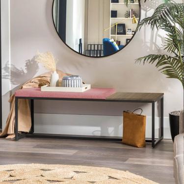 Imagem de Banco Recamier Puff 160cm Industrial Preto Suede Rose Tampo Quadrado Mdf Rústico