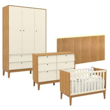 Imagem de Quarto De Bebê Unique 3 Portas Com Cômoda 6 Gavetas E Painel Farm Com Led Freijó Off White Eco Wood - Matic