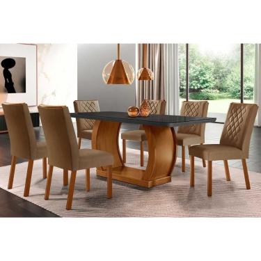 Imagem de Sala De Jantar Jade Tampo C- Vidro Curvo 180x90 E 6 Cadeiras Imbuia-veludo Capuccino Rufato