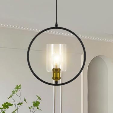 Imagem de diisunbihuo Luminária Pendente Moderna Com Abajur De Vidro Transparente E Anel Circular, Soquete E26 Para Pendurar, 1 Lâmpada, Cabo Ajustável, Teto Retrô Preta Quarto, Cozinha Sala Jantar