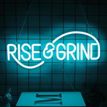Imagem de CKTBLEY Letreiro De Neon Rise & Grind, Led Para Parede, Decoração Motivacional, Letras Em Azul Gelo, Arte Inspiradora, Quarto, Escritório, Academia, Sala Esportes, Caverna Do Homem