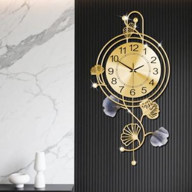 Imagem de FILLOVE Relógio de parede de metal elegante com pêndulo e folhas douradas e cinzas, moderno relógio de parede de metal silencioso que não anda para sala de estar, quarto, estudo, escritório (63,5 cm x