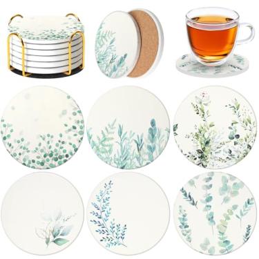 Imagem de Saraudy Conjunto de 6 porta-copos de cerâmica com suporte, estilo mandala, porta-copos absorvente para decoração de casa, copos, canecas e copos (botânico verde)