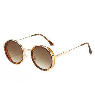 Imagem de Óculos de sol vintage steampunk com revestimento redondo para homens e mulheres com gradiente de metal UV400 (marrom leopardo)