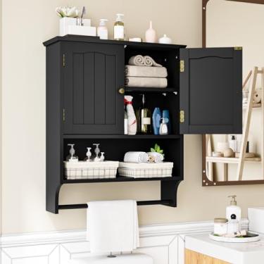 Imagem de Mino Kesper Armário de parede de banheiro preto com barra de toalha, suporte de parede de armário de banheiro com portas e prateleiras, armário de armazenamento de parede sobre o vaso sanitário,