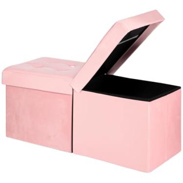 Imagem de AmasSmile Banco otomano de apoio para os pés com armazenamento, apoio para os pés de veludo rosa de 86 cm, mesa de centro, assento acolchoado, baú de armazenamento, loja de cobertores com tampa