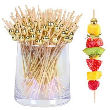 Imagem de 100 palitos de dente extravagantes para aperitivos, palitos de coquetel de pérolas douradas de 12 cm para bebidas, espetos de aperitivos de bambu para tabuleiros de charcutaria, acessórios, martini