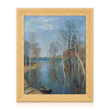 Imagem de Brivoria Arte de parede em tela emoldurada decoração de paisagem vertical 33 x 40 cm Cena de rio de primavera de bétula com tela à prova d'água e moldura de madeira sintética para corredor, sala de