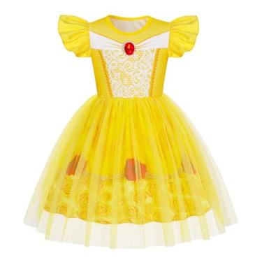Imagem de HenzWorld Princess Dress for Girls Kids Short Flutter Sleeve Tulle Tutu Dresses Halloween Cosplay Theme Party Outfits Size 3-4T Golden
