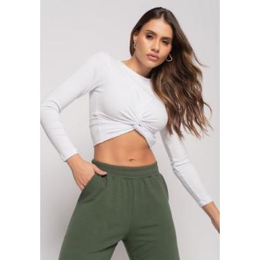 Imagem de Cropped Nó Manga Longa Canelada Branco Salvatore Fashion, Branco, G