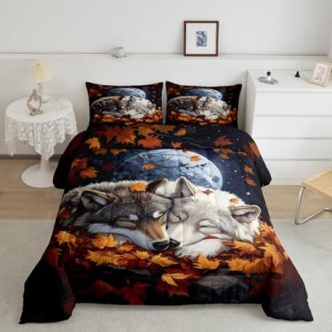 Imagem de Conjunto de edredom infantil casal lobo de safári, animais de safári, folhas de bordo selvagem, decoração de quarto de meninos, adulto, céu galáxia, com 2 fronhas