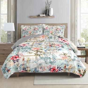 Imagem de QOOMO Conjunto de colcha infantil de flores rosa, leve, com estampa boho, conjunto de cama casal/queen com 2 fronhas para todas as estações