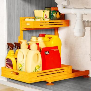 Imagem de Organizador embaixo da pia, organizador de armário de madeira de bambu premium, prateleiras de armazenamento de pia deslizantes de 2 camadas, armazenamento sob a pia para armário de cozinha e banheiro