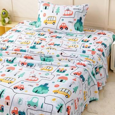 Imagem de Jogo de lençol de solteiro para meninos, jogo de cama de 3 peças para crianças, roupa de cama de microfibra macia escovada, bolso profundo, resistente a rugas e desbotamento, carro divertido