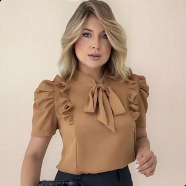Imagem de Blusa Feminina Social Manga Curta Bufante com Laço e Babados - G-Store