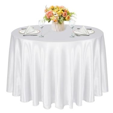 Imagem de KKJIAF 1 pacote com 1 toalha de mesa redonda de 300 cm, branca acetinada, toalha de mesa de jantar de cetim sedoso para casamento, festa, banquete, restaurante, eventos formais