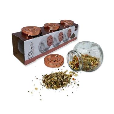 Imagem de Conjunto de Porta Temperos em Vidro, 3 Potes, Tampa Rosé, 180ml, 8x8x6cm