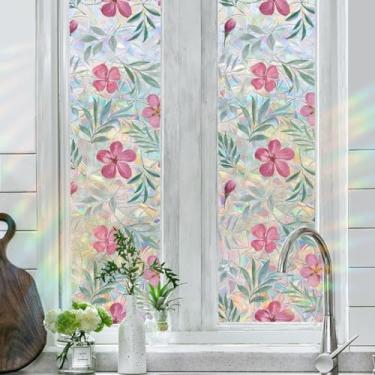 Imagem de Runtoo Película de privacidade de janela flores silvestres arco-íris adesivos de janela 3D decorativo vinil vitral roxo folhas florais decalques adesivo estático não adesivo, 43 x 101 cm