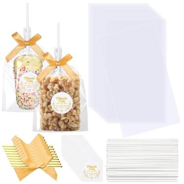 Imagem de Wavwavw 100 conjuntos de sacos de guloseimas de arroz transparentes com laço de fita e adesivos de agradecimento sacos de doces de celofane planos transparentes para doces de arroz bolsa de presente