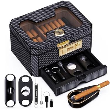 Imagem de Umidor de charuto com trava de combinação, caixa de charutos de madeira de cedro com umidificador e higrômetro, gaveta de acessórios - 2 cortadores de charutos, perfurador, cinzeiro, caixa de charutos