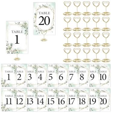 Imagem de CORNER LACE Greenery - Números de mesa de casamento florais 1-20 com 20 peças de porta-cartões dourados - 10 x 15 cm, decoração de centro de mesa para festa de casamento, chá de panela, recepção