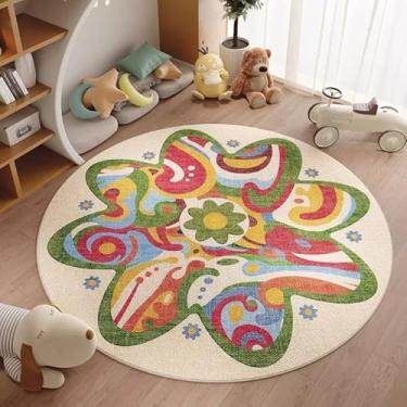 Imagem de Poowe Tapete redondo de flores brilhantes, tapete circular fofo lavável para quarto de crianças, tapete antiderrapante para entrada - 120 cm redondo