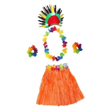 Imagem de kowaku Grass Skirt Roupet Feliz vestido Flores de pulseiras Colar para celebração da praia, Saia Verde de 80 Cm