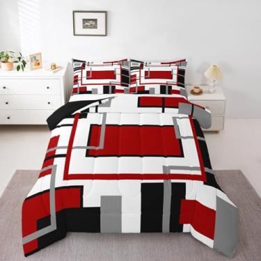 Imagem de Erosebridal Conjunto de edredom geométrico abstrato vermelho, preto e branco, arte estética, moderno, para crianças, adolescentes, adultos, contemporâneo, boêmio, listrado, edredom