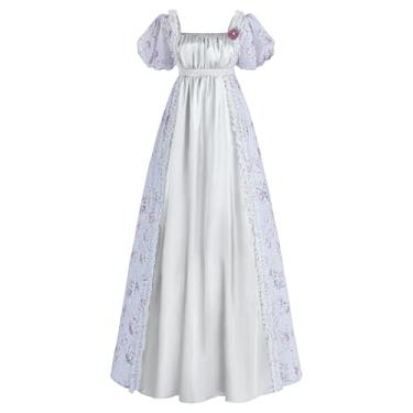 Imagem de LTAKK Regency Dress Vestido feminino Regency com cintura império, festa de chá, vestido vitoriano com faixa e corsage, Prateado, cinza, GG