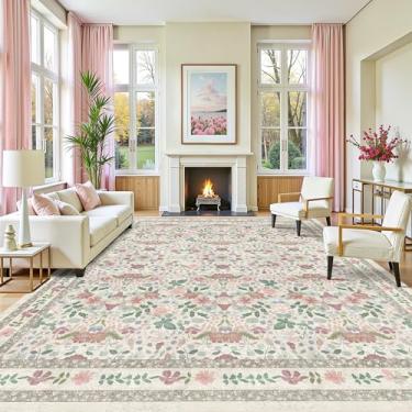 Imagem de Deerly Tapete lavável extra grande, 25,5 x 35,5 cm, para sala de estar, verde, floral, vintage, macio, para quarto, boho, antiderrapante, para sala de jantar, sala de jogos, bege/rosa claro/multi