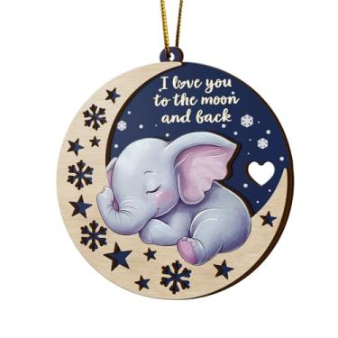 Imagem de Enfeite de elefante, decoração suspensa de árvore de Natal de madeira de 7,6 cm, enfeites fofos para dormir de elefante, presente engraçado para recém-nascido, enfeite de lembrança de bebê novo, I