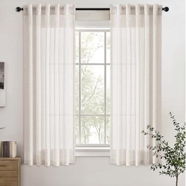 Imagem de Cortinas de linho transparente branco creme 160 cm de comprimento 2 painéis para sala de estar quarto aba traseira bolso filtro de luz cortinas arejadas algodão colorido natural texturizado moderna