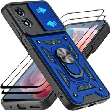 Imagem de AKINIK Capa para Motorola Moto G Play 2024, com protetor de tela de vidro temperado [2 peças] e capa de câmera deslizante, suporte de anel de rotação de 360° [grau militar] capa (azul)