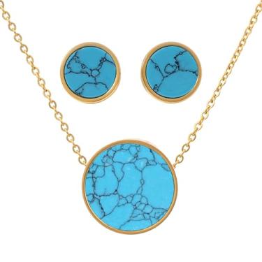 Imagem de TaYolnFaSo Conjunto de colar e brincos de pedra preciosa natural para mulheres banhado a ouro 18K delicado conjunto de joias de pedra de cura para presente para ela, Ouro amarelo, Turquesa sintética
